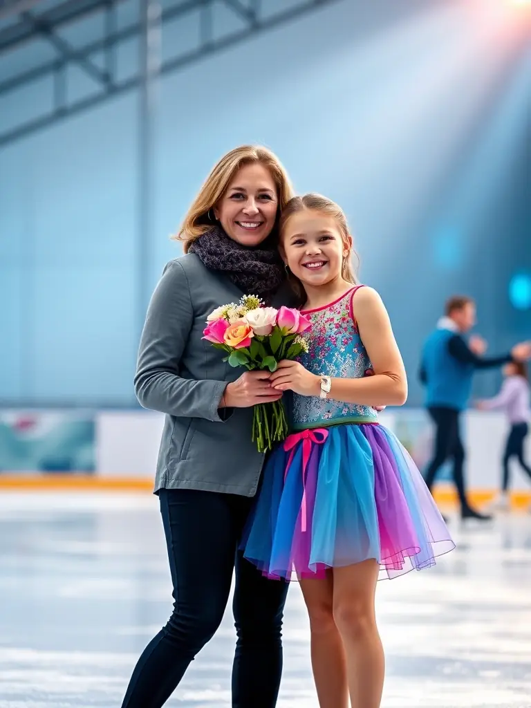 A mother and daughter smiling together after a successful figure skating practice session, with the daughter wearing a skating dress and holding flowers.