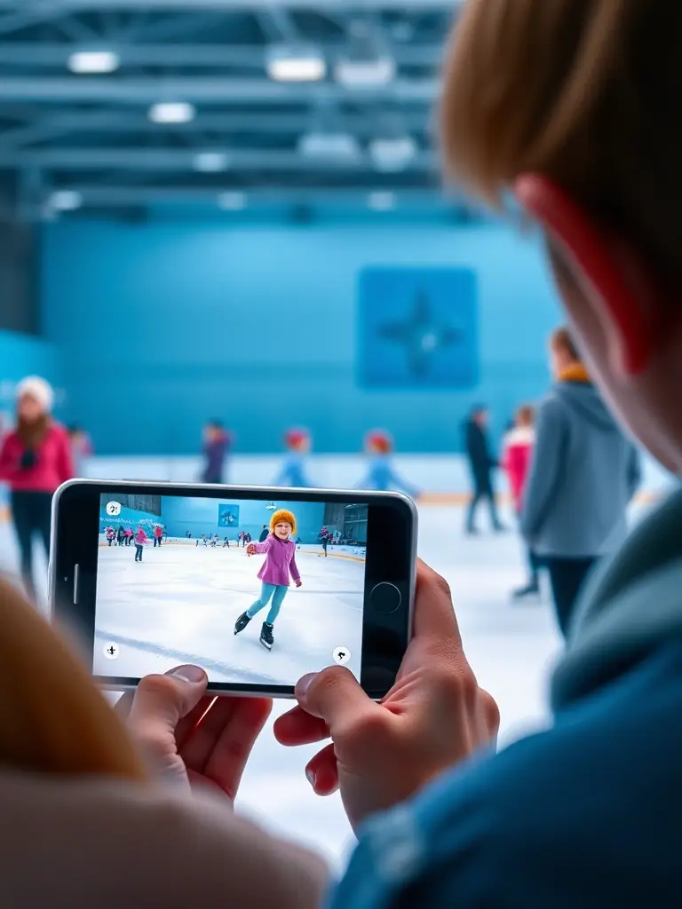 A parent proudly filming their child's figure skating performance at a competition, with other parents and skaters in the background.