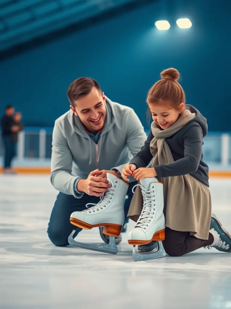 A supportive father helping his young daughter tie her ice skates in a brightly lit, modern ice rink. The image conveys a sense of encouragement and preparation.