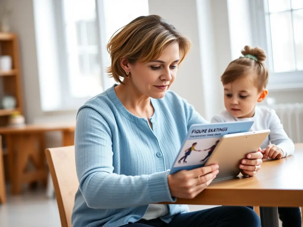 A parent learning about figure skating techniques and training methods, demonstrating their commitment to understanding the sport and supporting their child's development.