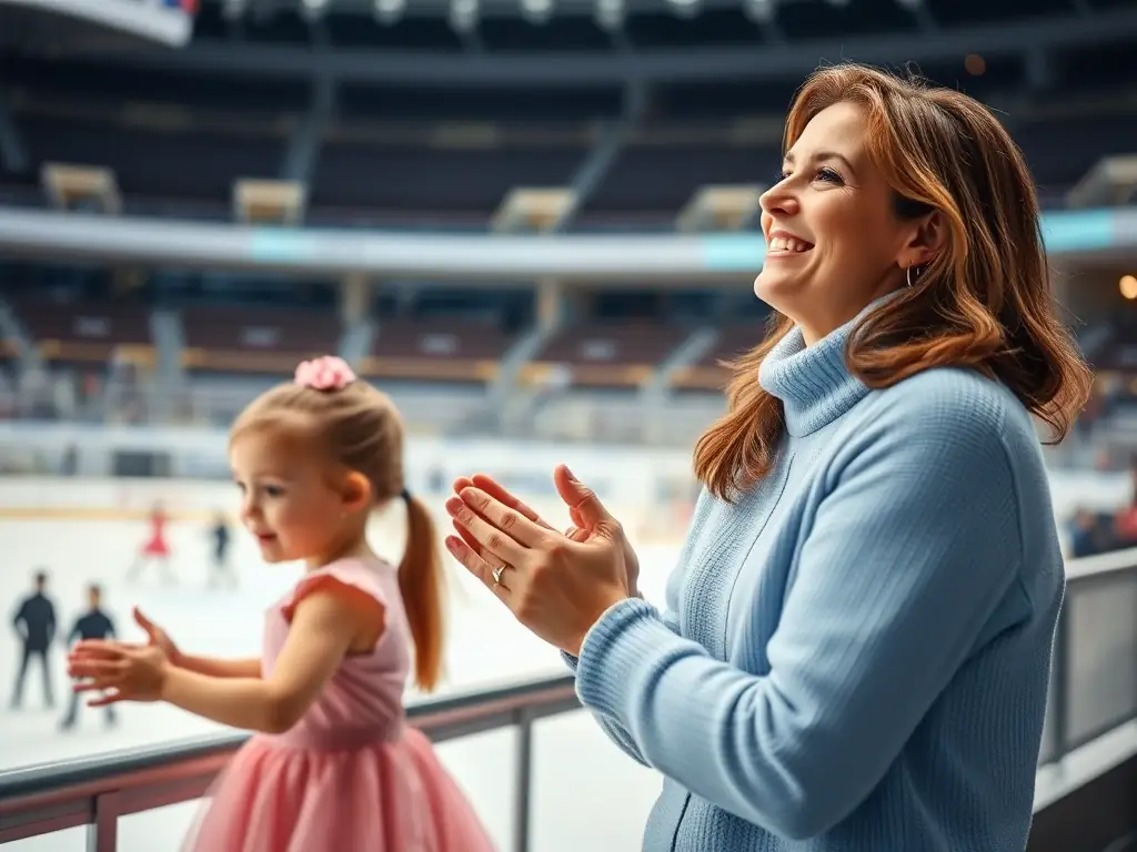 A supportive parent cheering on their child during a figure skating competition, capturing the emotional encouragement and involvement in the skater's journey.