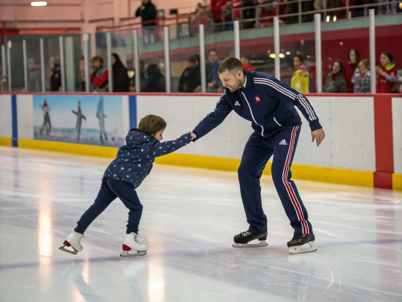 A coach providing feedback to a figure skater during a training session. The coach is pointing to a specific aspect of the skater's technique, offering guidance and encouragement.