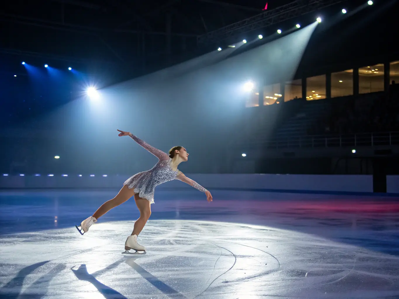 A figure skater practicing a spin on the ice, with a focused expression and determination in their eyes. The rink is brightly lit, highlighting the skater's form and technique.