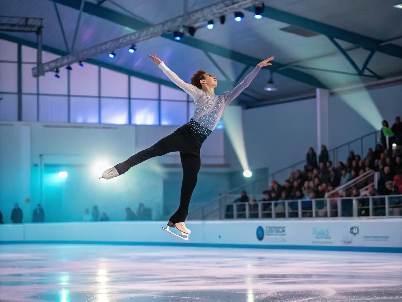 A figure skater performing a complex jump sequence during a competition. The skater is in mid-air, demonstrating grace, power, and precision.