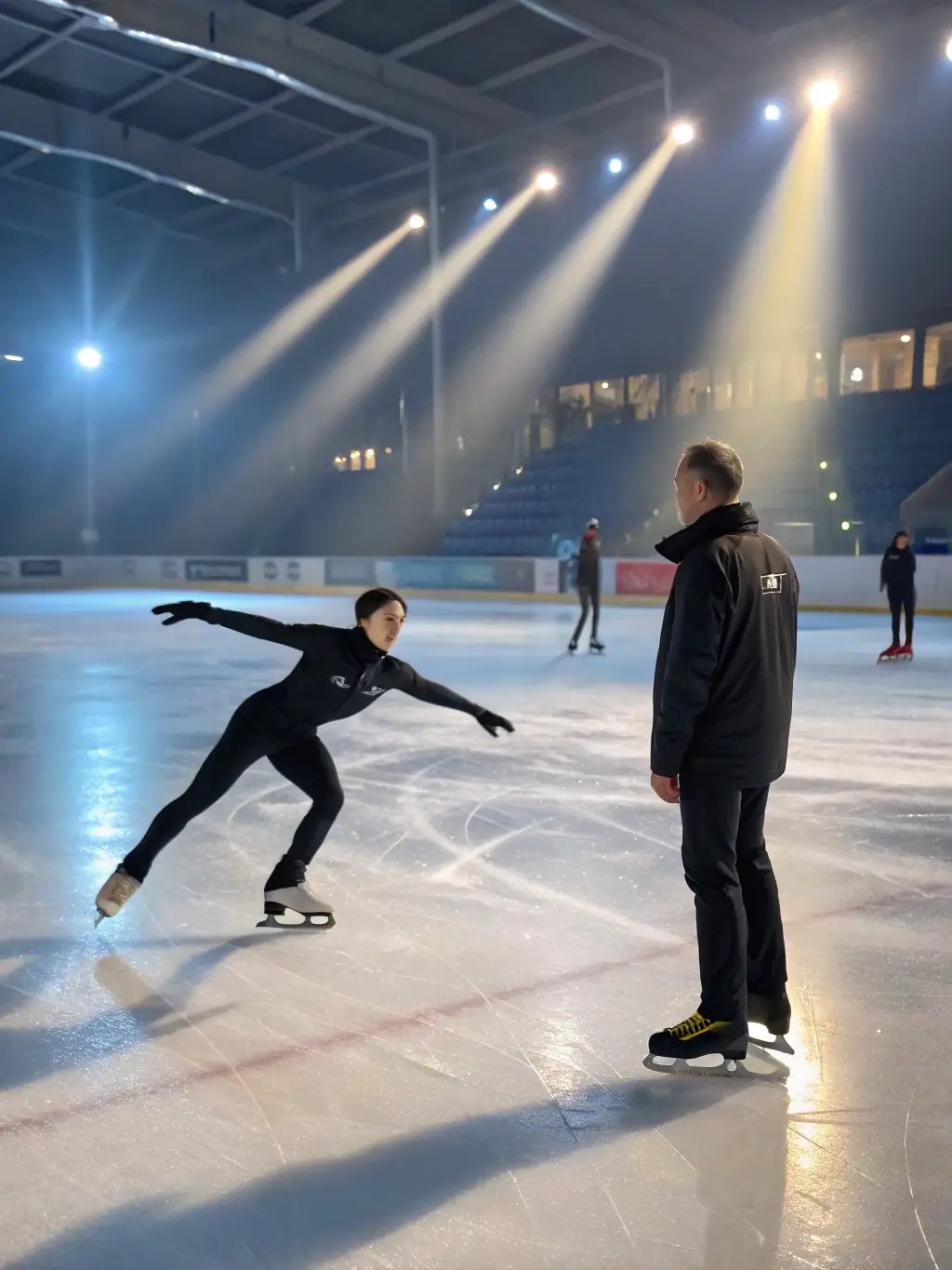 A coach explaining a figure skating technique to a young skater and her parents, using a whiteboard with diagrams in a training facility.